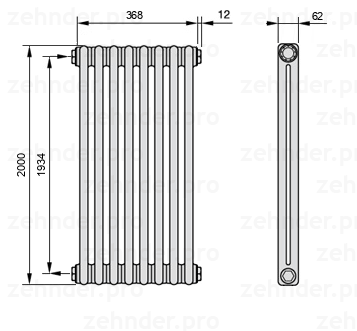 Схема (чертеж) Радиатор Zehnder Charleston 2200/8 №1270 Белый глянцевый RAL 9016